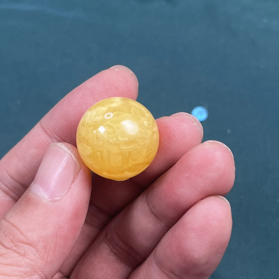 22.5mm天然原矿琥珀蜜蜡黄白花虎皮纹蜜蜡圆珠单珠