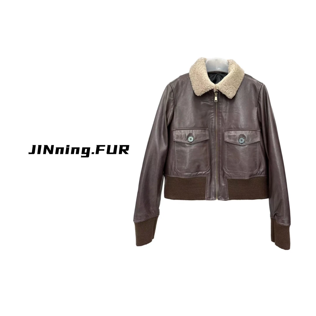 [JINning.Fur]秋冬新款绵羊皮真皮保暖羽绒服翻领鹅绒服皮夹克