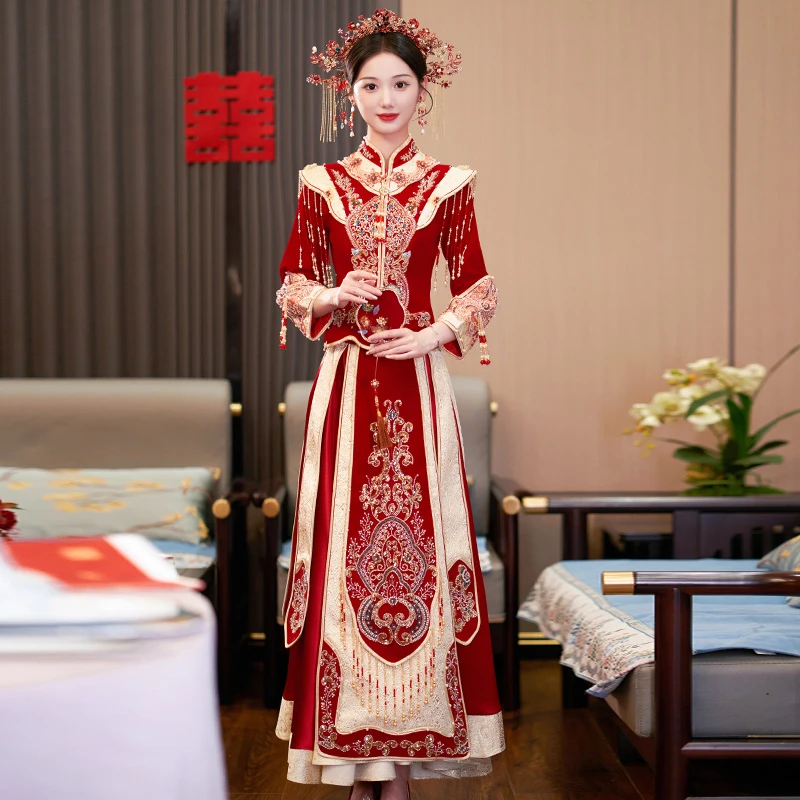 凤冠霞帔婚服重工秀禾服新娘2023新款中式婚纱结婚汉服嫁衣出阁服