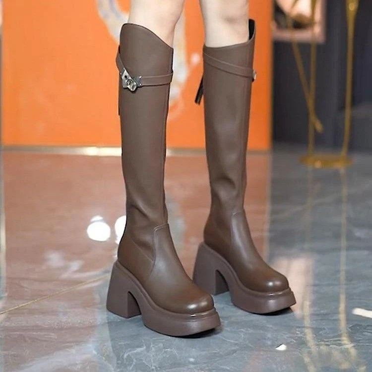 爆款女鞋不过膝靴女厚底长靴2024秋冬新款皮带扣粗跟显瘦高跟骑