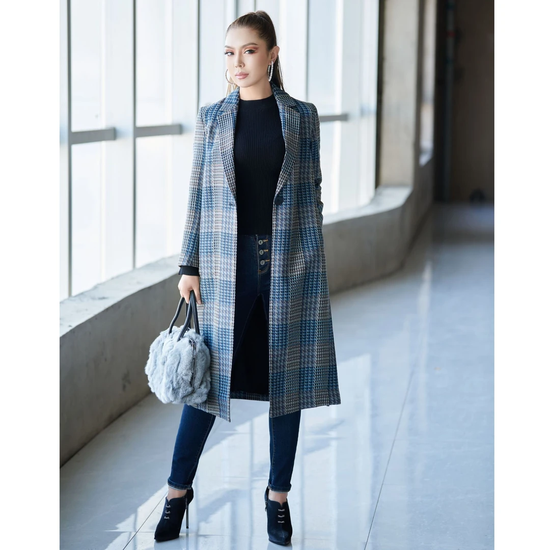 221153 SEHRAN 秋冬气质时尚洋气格子中长款大衣