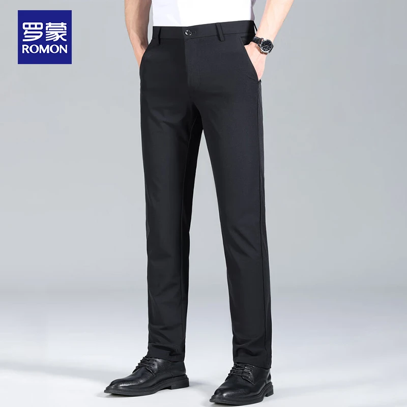 罗蒙男士休闲裤商务时尚西装裤弹力通勤厚款加绒黑色裤子男装男款