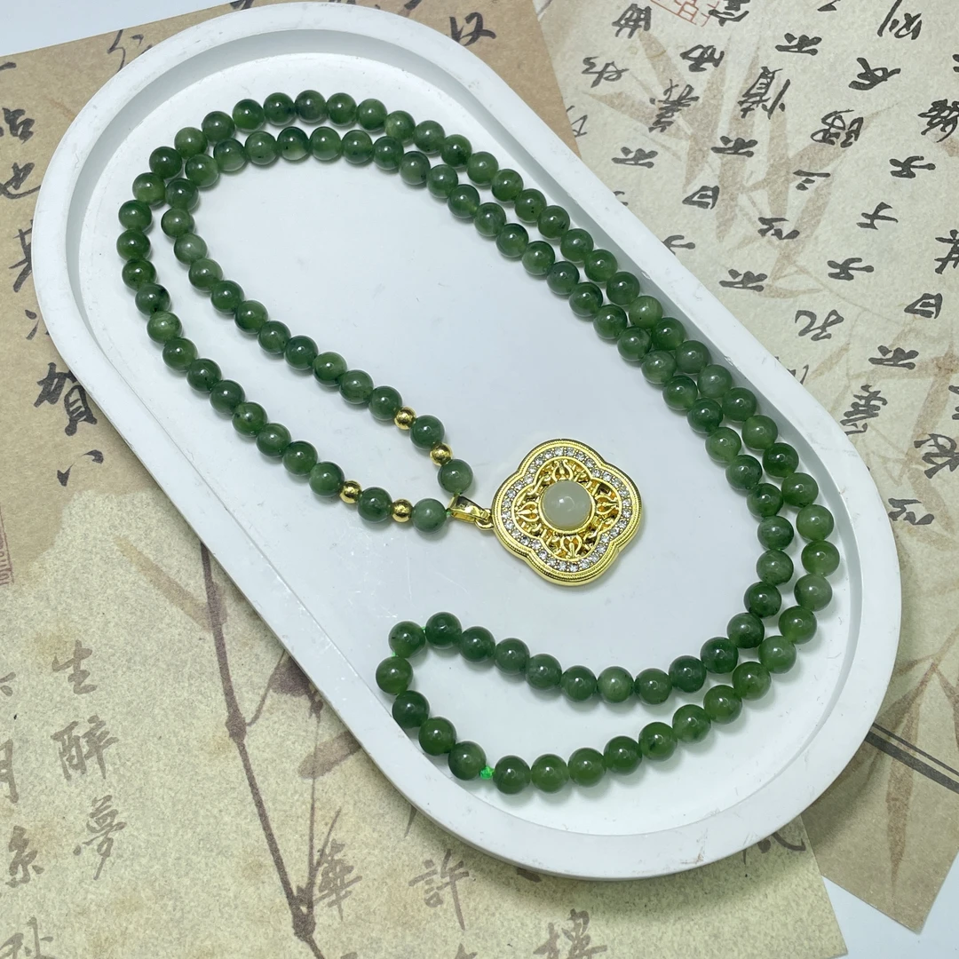 天然和田玉 镂空四叶草豪镶碧玉毛衣链拍一发一 (多样性发货)H278