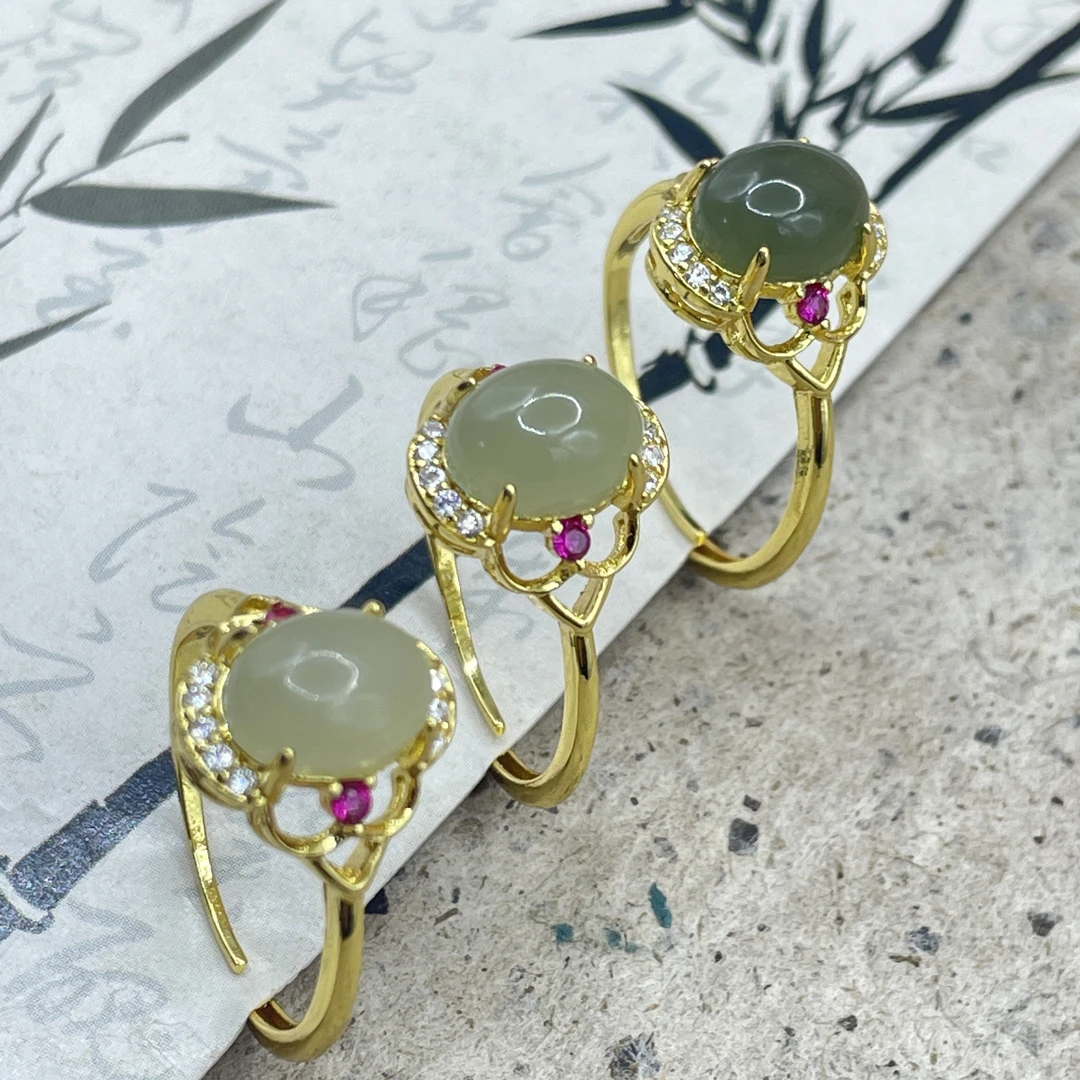 天然玉石 和田玉气质满钻豪镶蛋面镶嵌开口戒 (多样性发货) H224