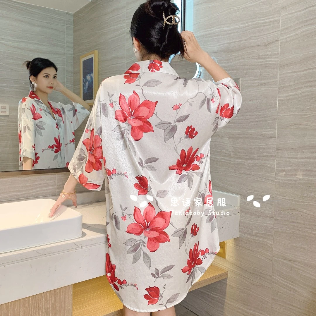 【春花秋月】高定轻奢暗纹宽松睡衣衬衫睡裙家居服80-160斤可穿