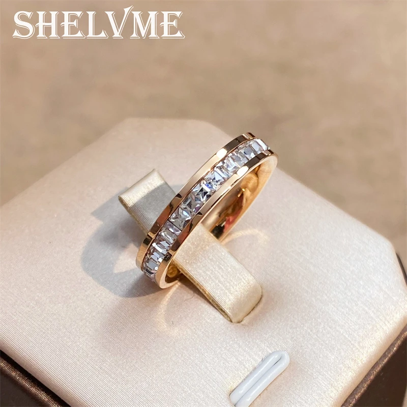 钛钢合成锆石戒指 经典带钻指环单双排小方钻满天星戒指轻奢时尚