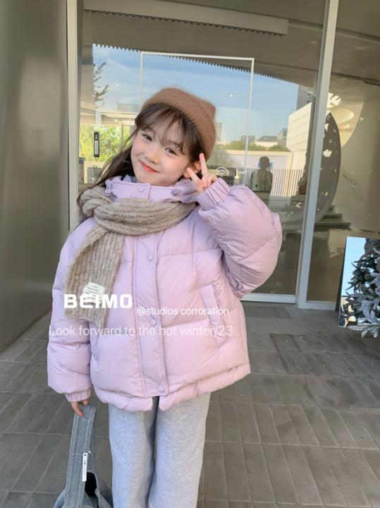 2024口袋款时尚韩版连帽加厚保暖冬季宽松女童羽绒服外套高能感