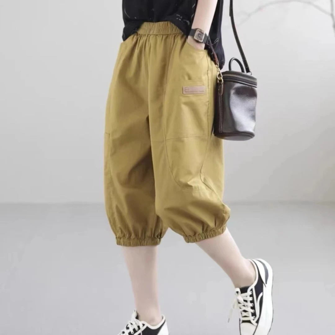 夏季新款冰爽棉七分裤松紧腰休闲百搭哈伦裤薄款宽松高腰显瘦裤子