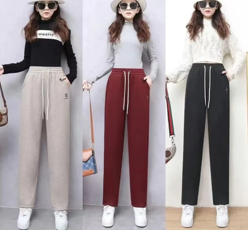 2025秋冬新款毛呢加绒加厚防风显瘦高腰直筒长裤百搭休闲大码女裤