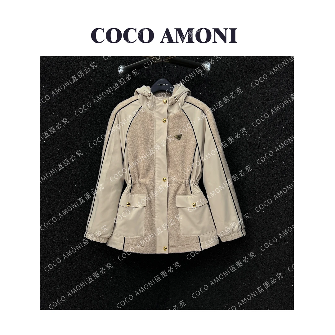 秋冬新款高级感拉绳连帽上衣拼接重工带标气质收腰显瘦外套ZQ678