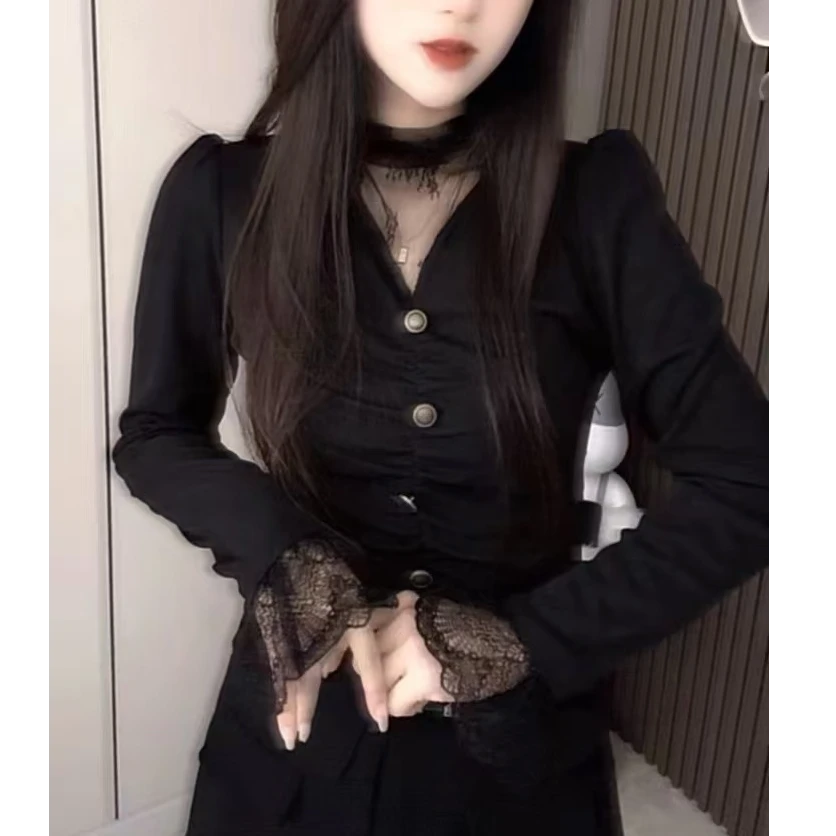 8825假两件网纱拼接长袖女秋冬季2024年新款打底衫