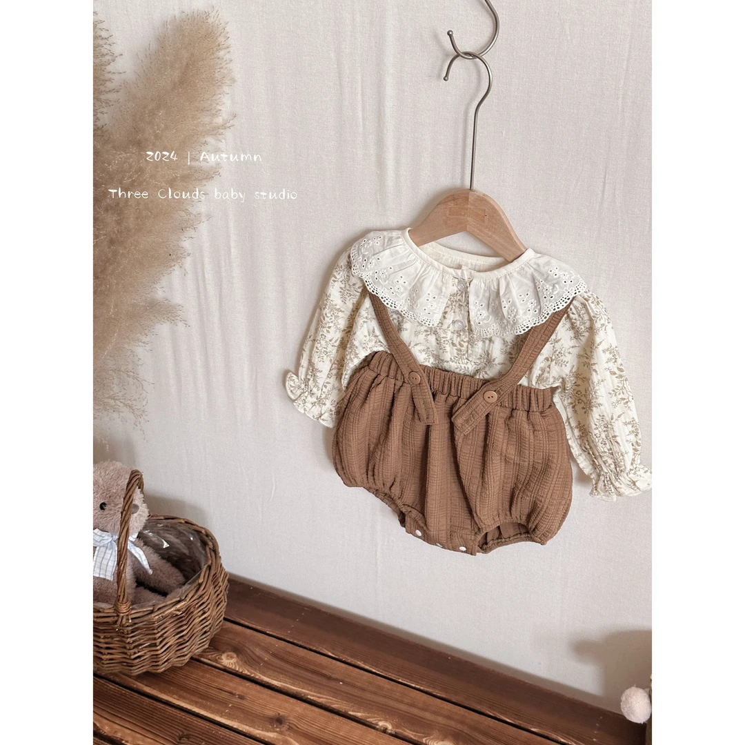 三小朵法式女宝宝婴幼儿咖色碎花上衣+背带哈衣套装秋季洋气韩版