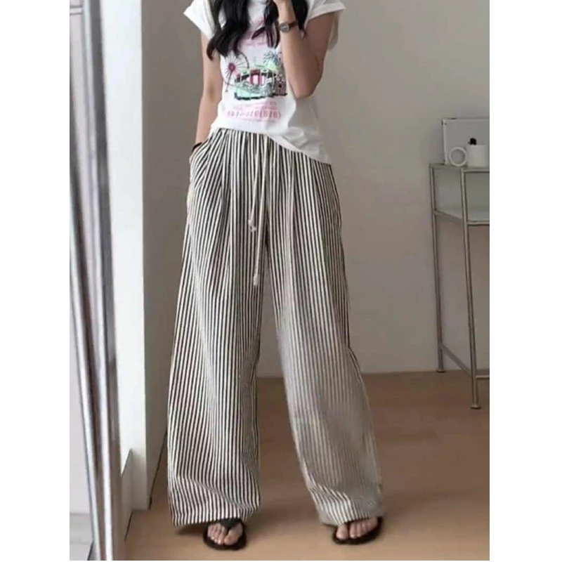 秋阳徐推荐夏季新款美式复古小个子泡泡条纹裤休闲直筒条纹阔腿裤