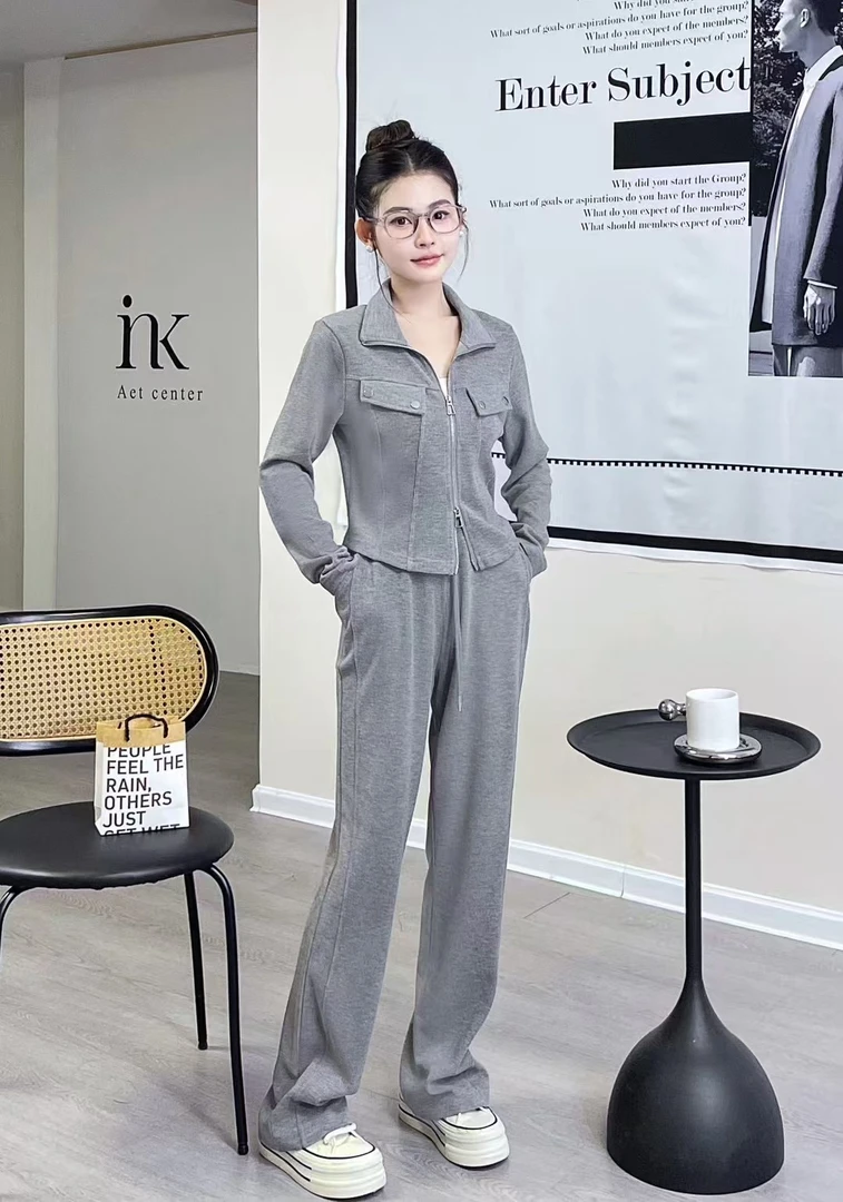 休闲运动服套装女新款时尚翻领减龄外套阔腿裤洋气两件套女装007#