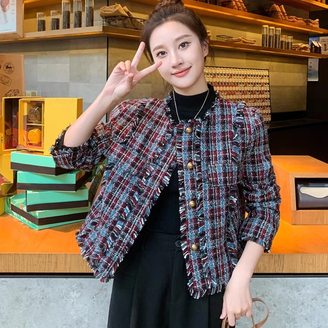 国风设计感毛边小香风外套女2024秋冬新款高级感圆领流苏格子605