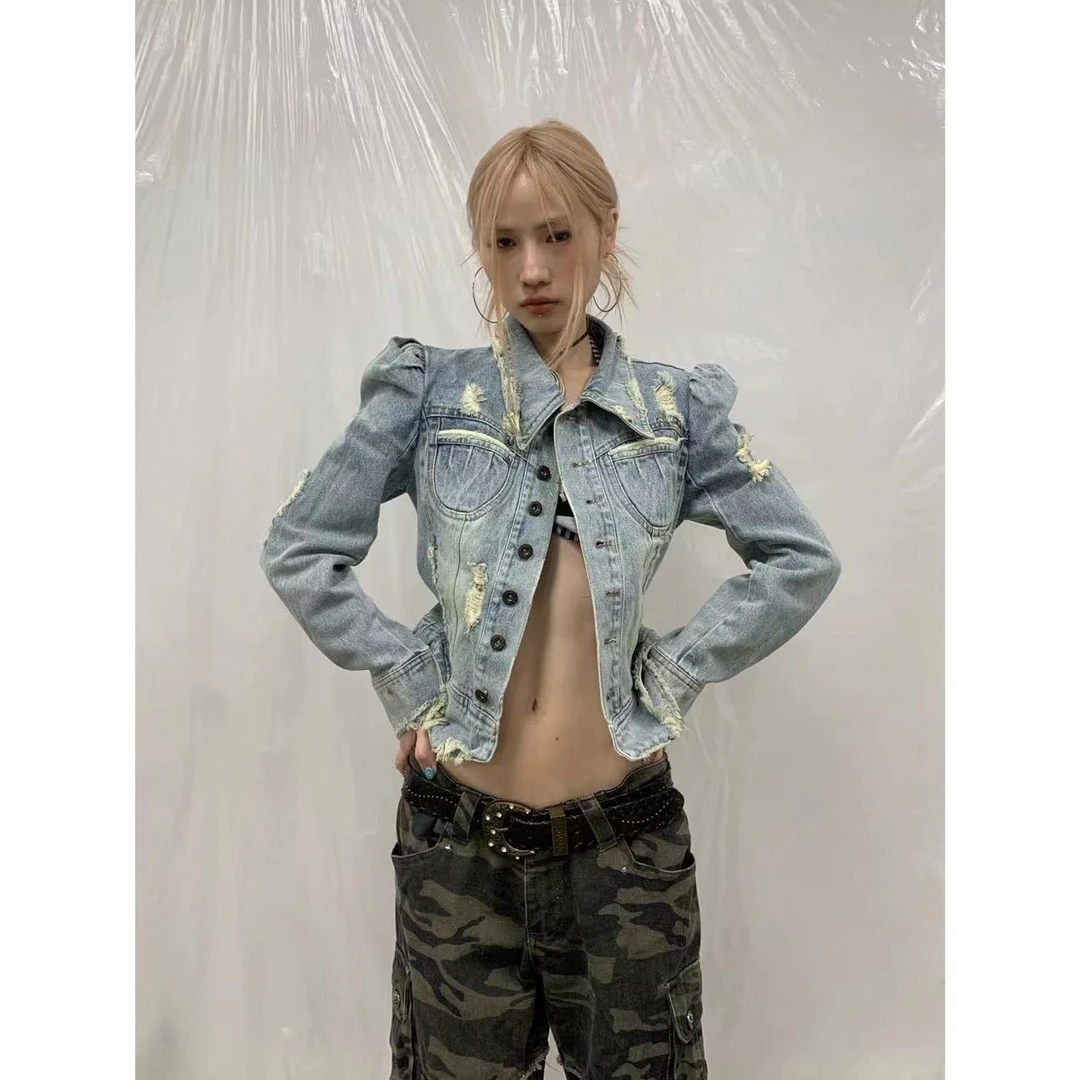 【26.ayes清清】高街风辣妹重工艺铆钉磨破感牛仔外套