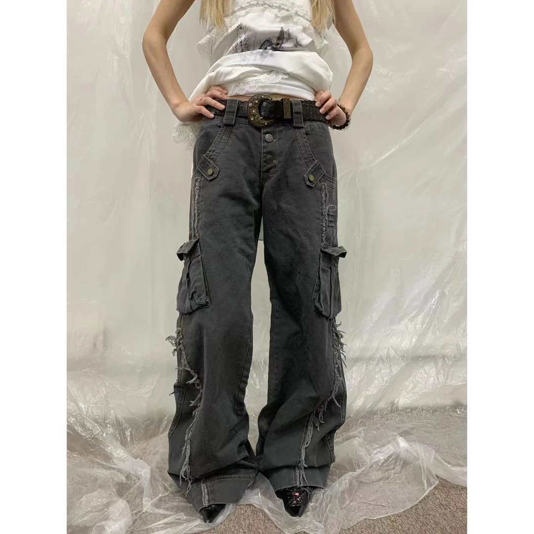 【jeong ill现现】宽松裤脚毛边水洗肌理感做旧喇叭工装裤