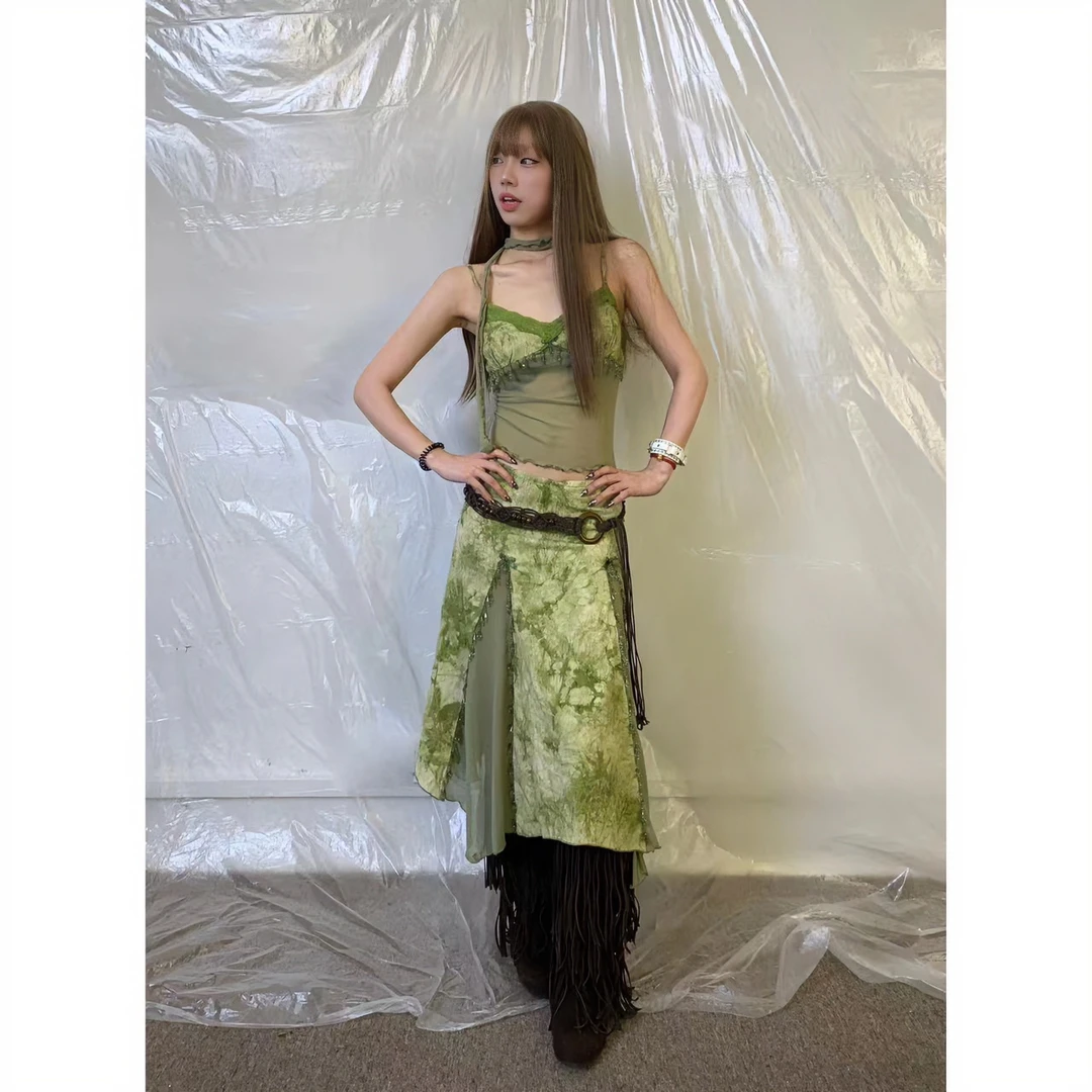 【jeong ill清清】复古绿色扎染提花网纱拼接两件套带围脖