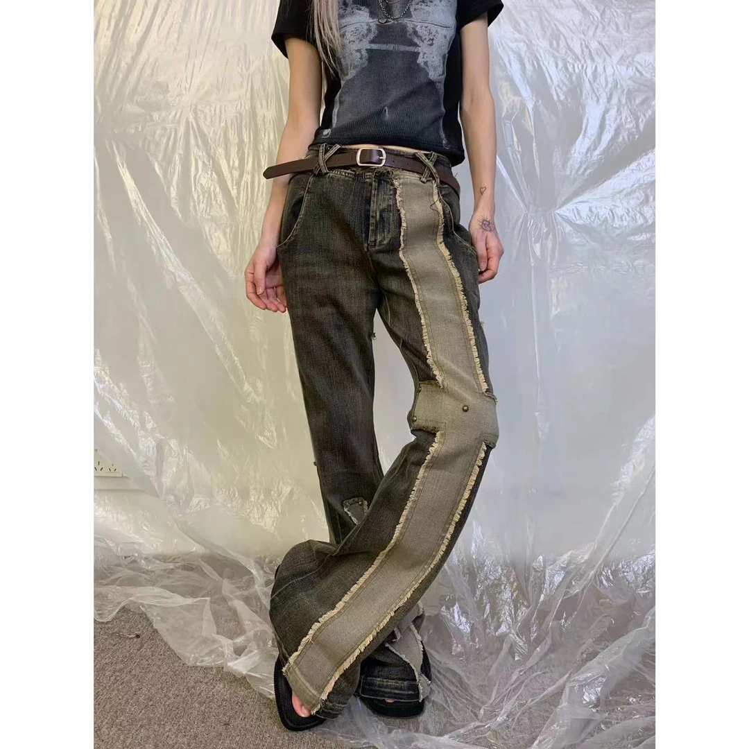 【jeong ill现现】十字架拼接朋克千禧风微喇设计感牛仔裤