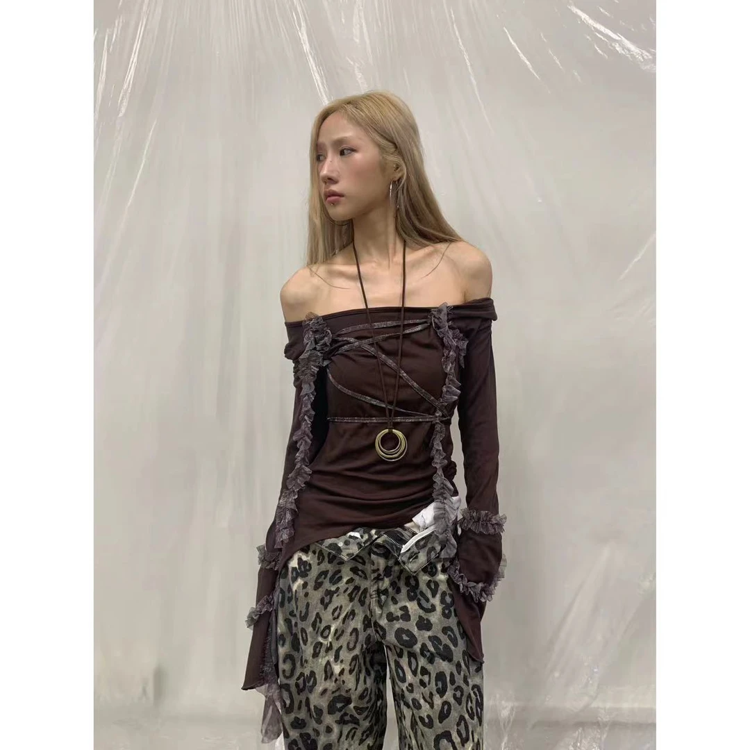 【jeong ill上新】初秋甜酷圆领收腰设计绑带蕾丝花边长袖打底