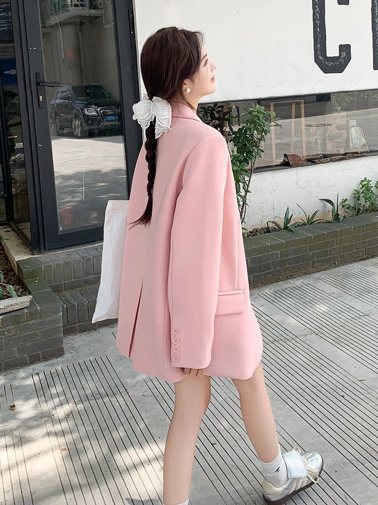 粉色西装外套女设计感小众2025秋装新款韩版宽松休闲小西装高级感