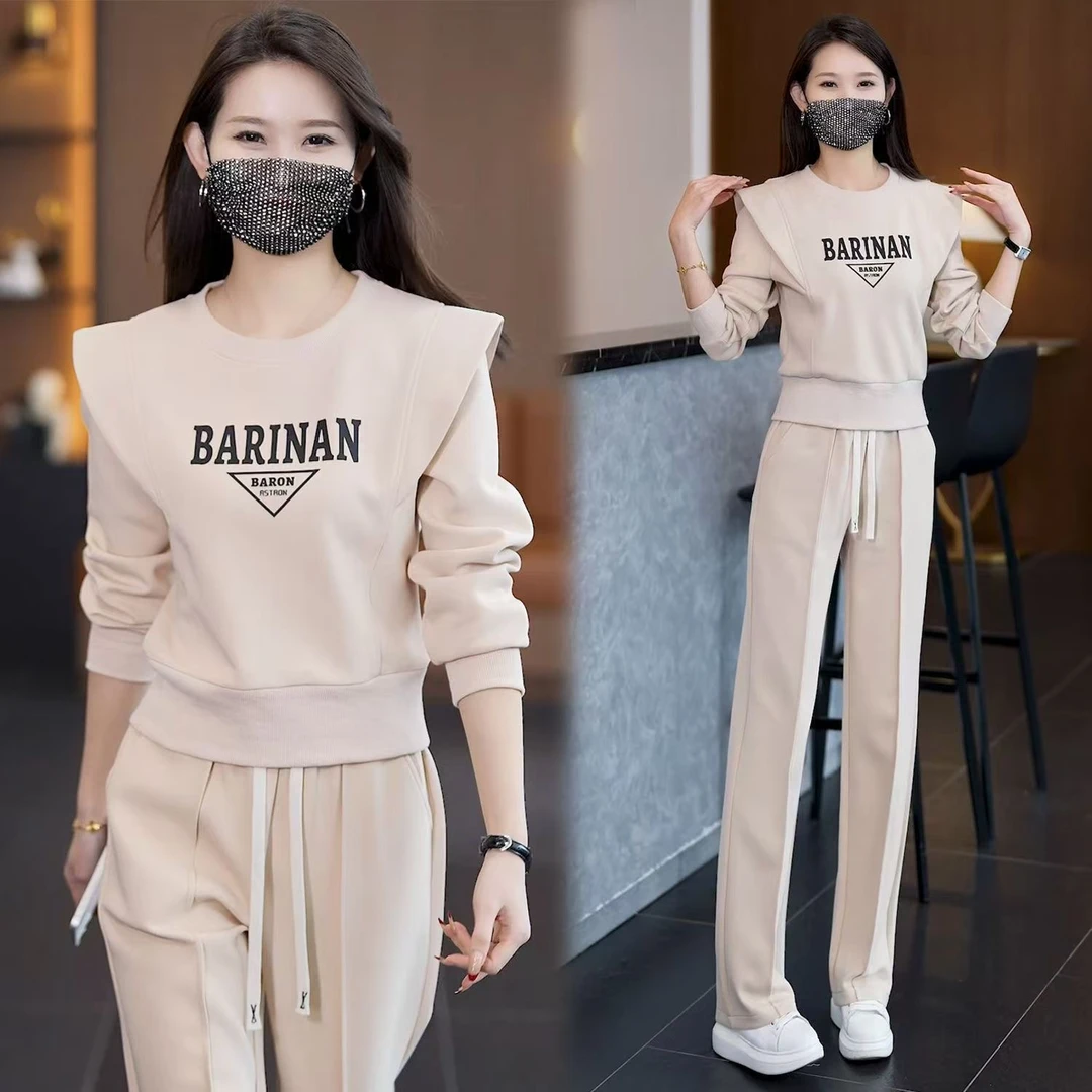 休闲运动服套装女2025春秋新款小个子减龄圆领卫衣阔腿裤两件套潮