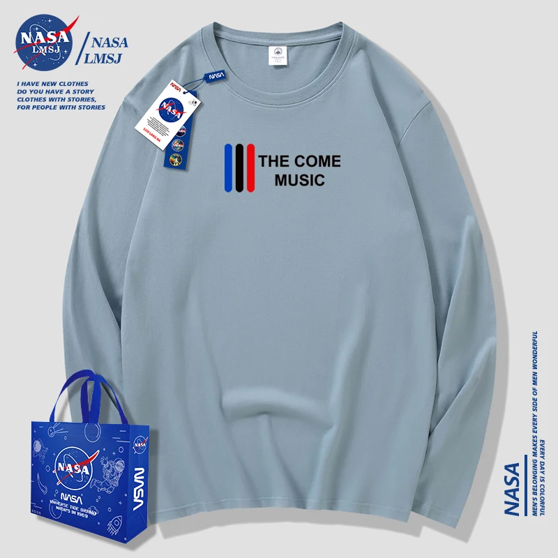 NASA潮牌男装2023春秋新款纯棉男士长袖T恤中青年潮流t打底衫浅蓝