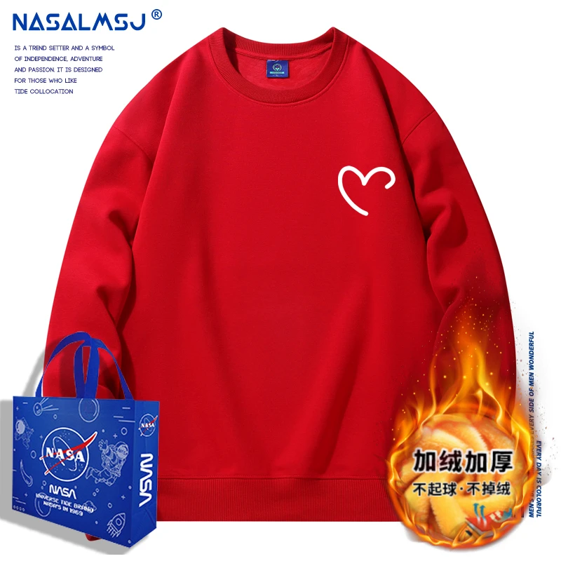 爆款NASA潮牌2025新款秋冬季男士加绒加厚卫衣男款红色本命年卫衣