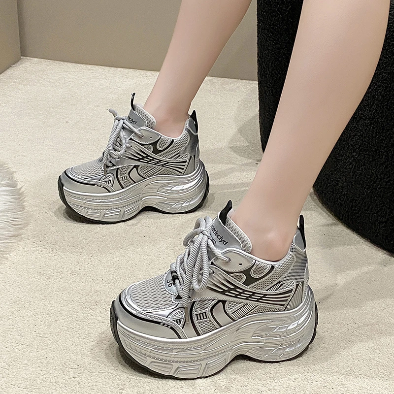 内增高8cm厚底老爹鞋女2025秋季新款小个子网面松糕鞋休闲运动鞋