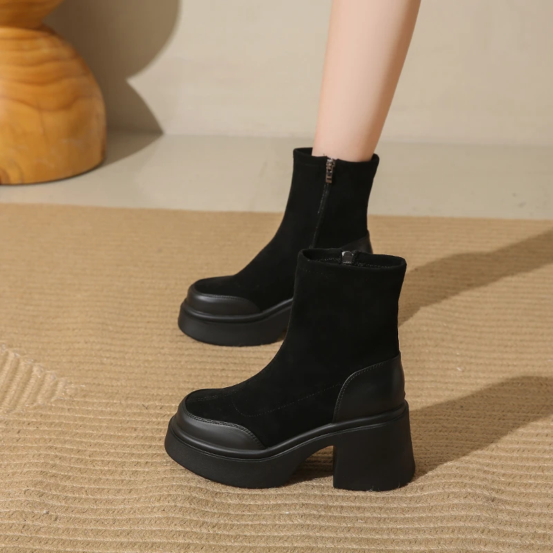 增高马丁靴女新款秋季爆款粗跟高跟厚底短靴超火弹力瘦瘦鞋子靴