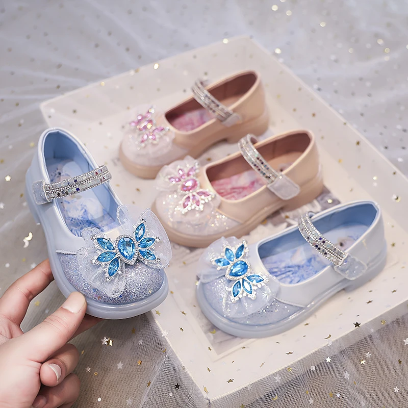曙尼豪女童爱莎公主鞋2024春秋新款水晶鞋水钻小女孩演出皮鞋时尚