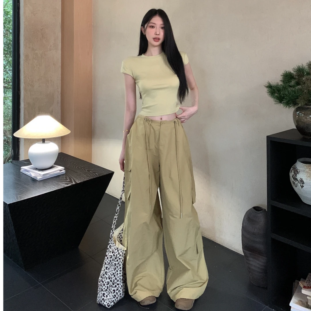 美式抽绳工装裤高腰休闲裤女秋季时尚宽松垂感直筒阔腿裤拖地裤子
