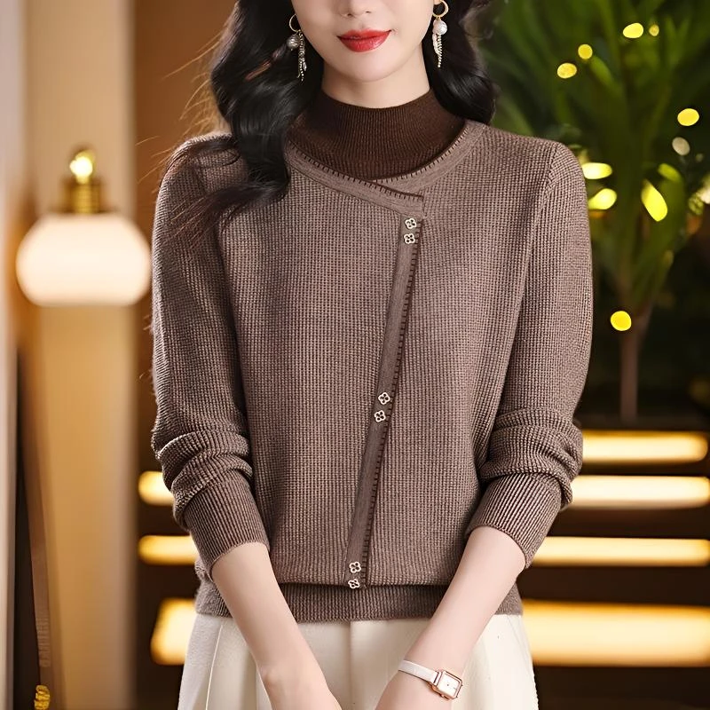 时尚假两件设计款百搭宽松毛衣洋气长袖针织衫秋冬新款毛衫上衣女