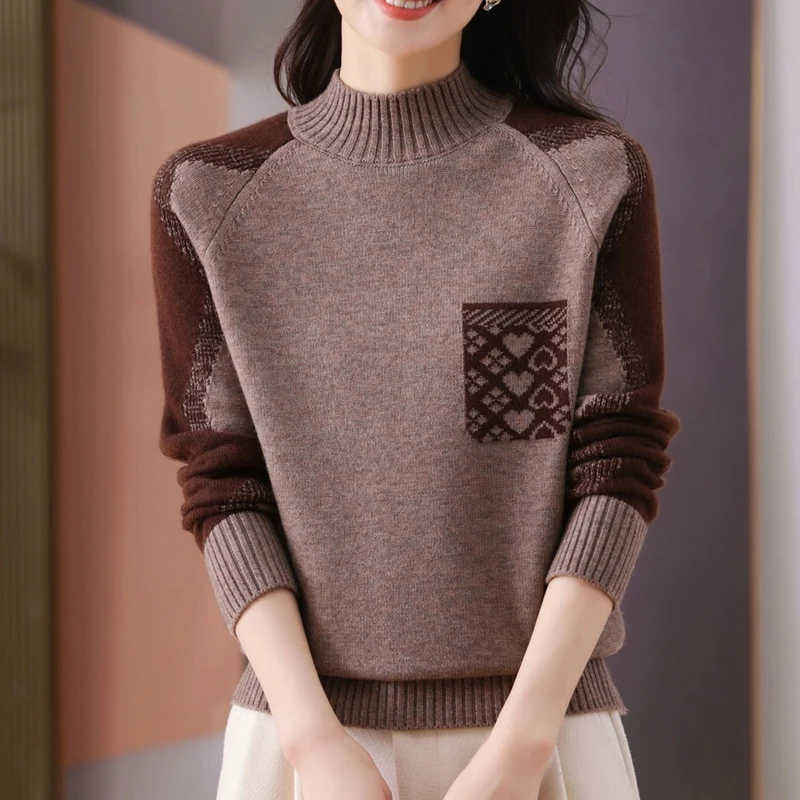 2025年秋冬新款拼色针织衫半高领时尚洋气宽松显瘦款套头百搭毛衣