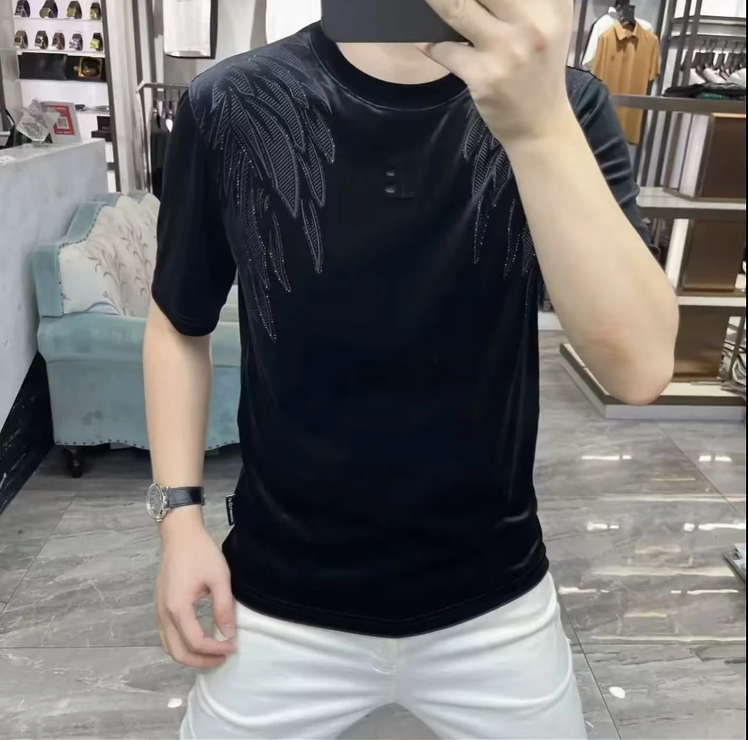 秋冬新款轻奢高档全无痕时尚百搭精品丝绒短袖修身气质男纯色T恤