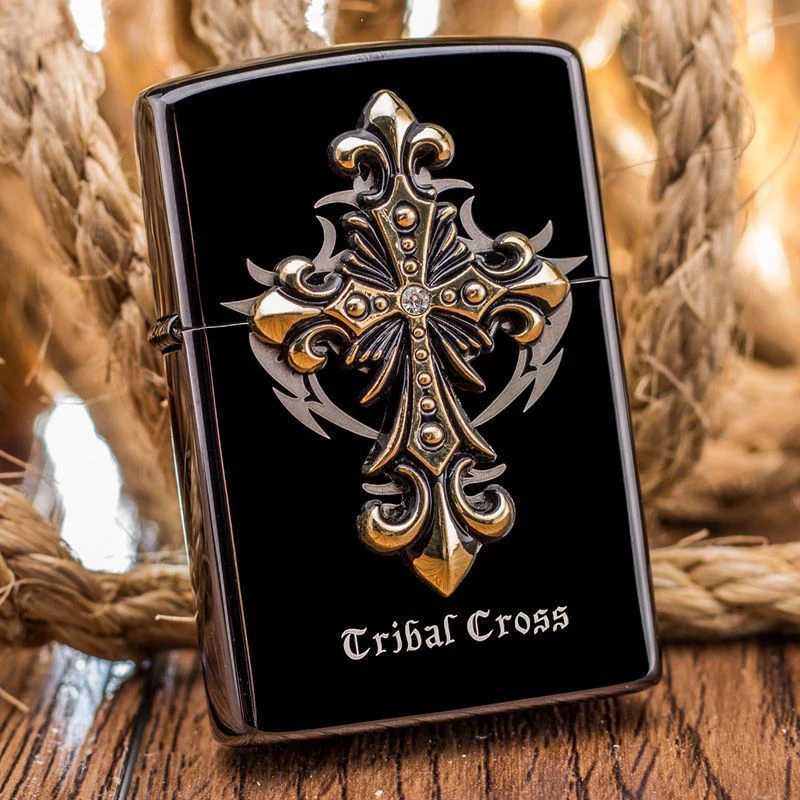 新款煤油打火机黑冰十字款个性立体贴章创意复古砂轮火机男士礼品