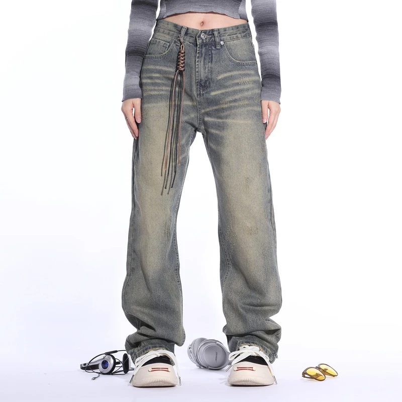 AJEM 美式复古水洗做旧直筒牛仔裤潮牌高街显瘦cleanfit休闲长裤