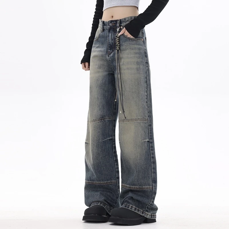 AJEM美式复古蓝水洗做旧拼接直筒牛仔裤潮流高街vibe休闲阔腿裤子