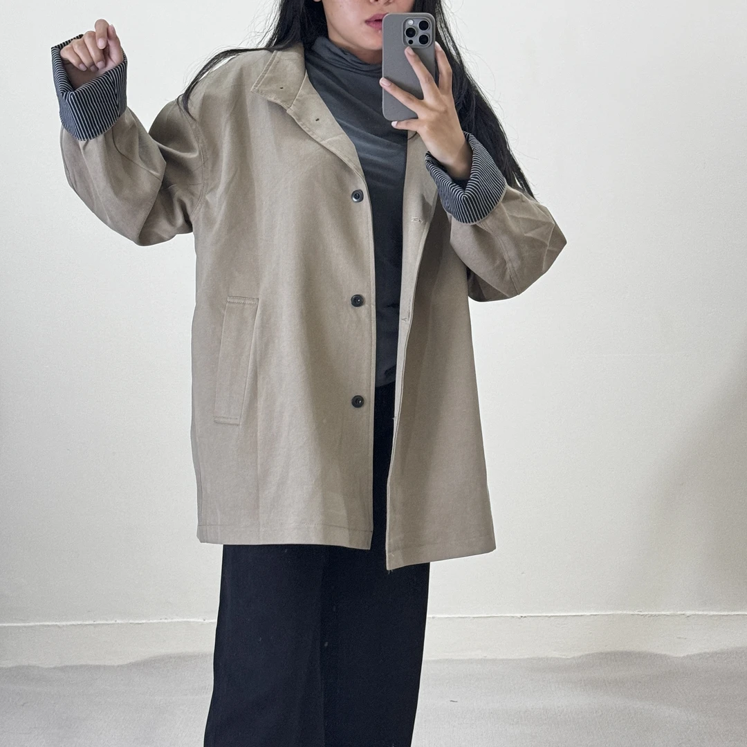 袖拼条纹风衣外套