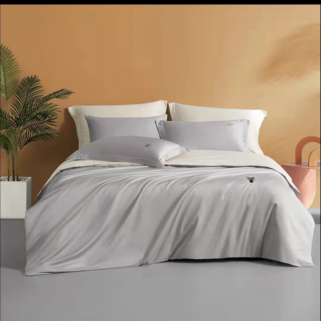 剪标直销加大灰色贡缎斑马刺绣四件套