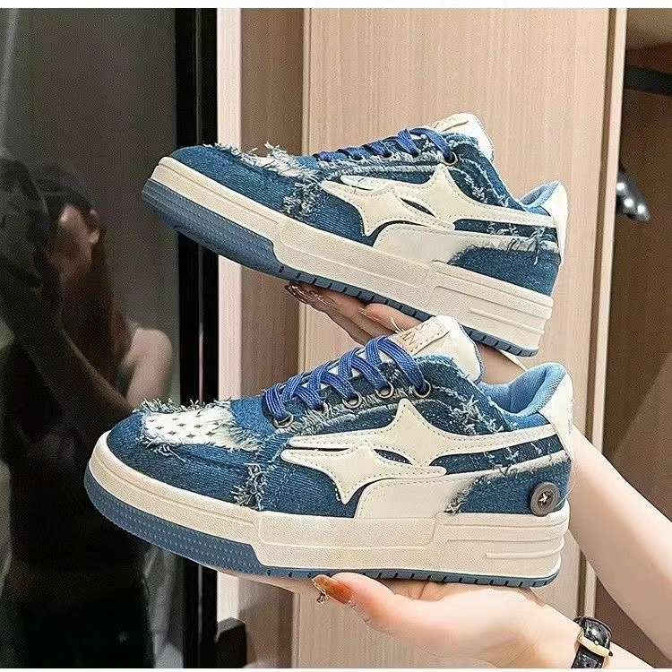牛仔破碎流星系列潮牌面包鞋女2023小众设计厚底低帮板鞋韩版潮鞋