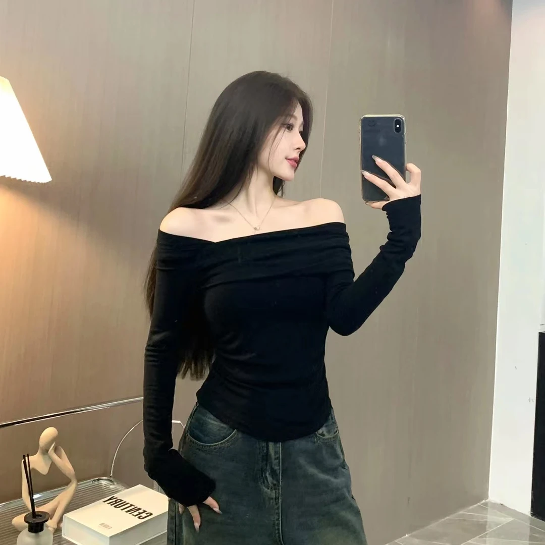 【现】玛丽～#2317纯欲风性感别致斜领露肩修身显瘦褶皱t恤上衣女 S