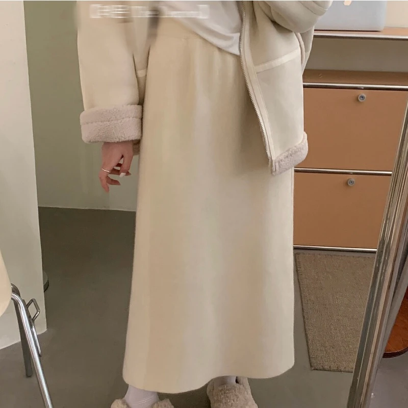 Q#1221韩版简约纯色松紧腰直筒百搭A字加厚长裙半身裙