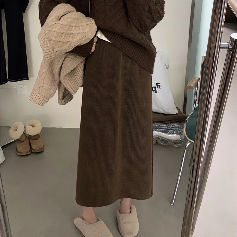 【现】#3356韩版chic松紧腰设计小众A字灯芯绒半身裙女冬