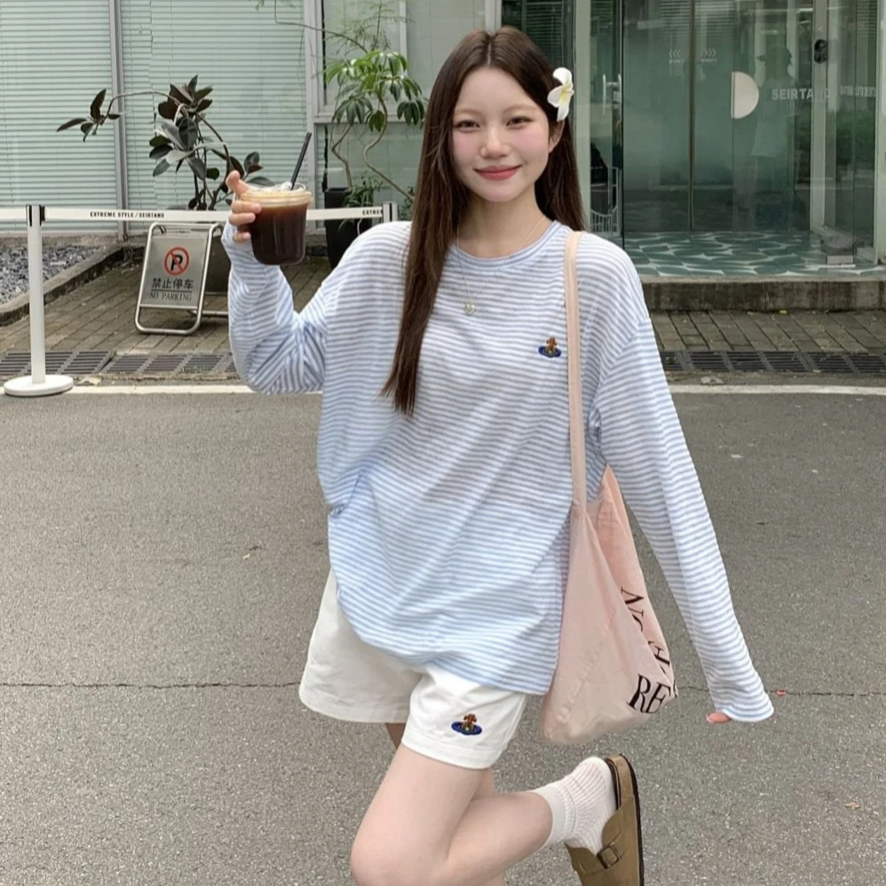 A#8059休闲夏季氧气蓝条纹罩衫刺绣空调衫+小清新盐系高腰短裤女