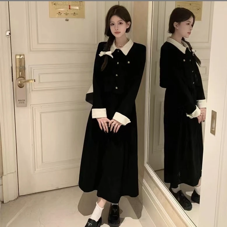 【现】卡特~#9357复古撞色polo领气质显瘦外套+半身裙两件套装