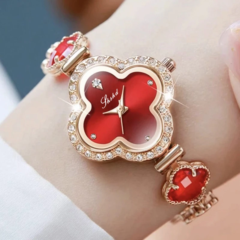 2023新款气质轻奢女士简约手表红色四叶草