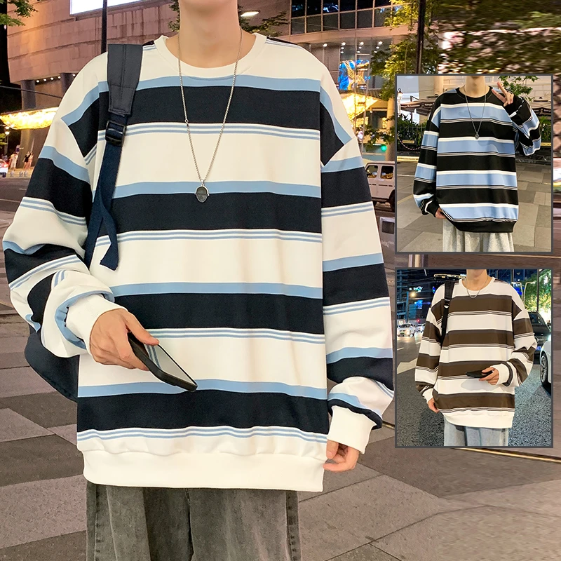 新款色织条纹卫衣男士春秋长袖百搭宽松ins圆领秋季休闲情侣上衣