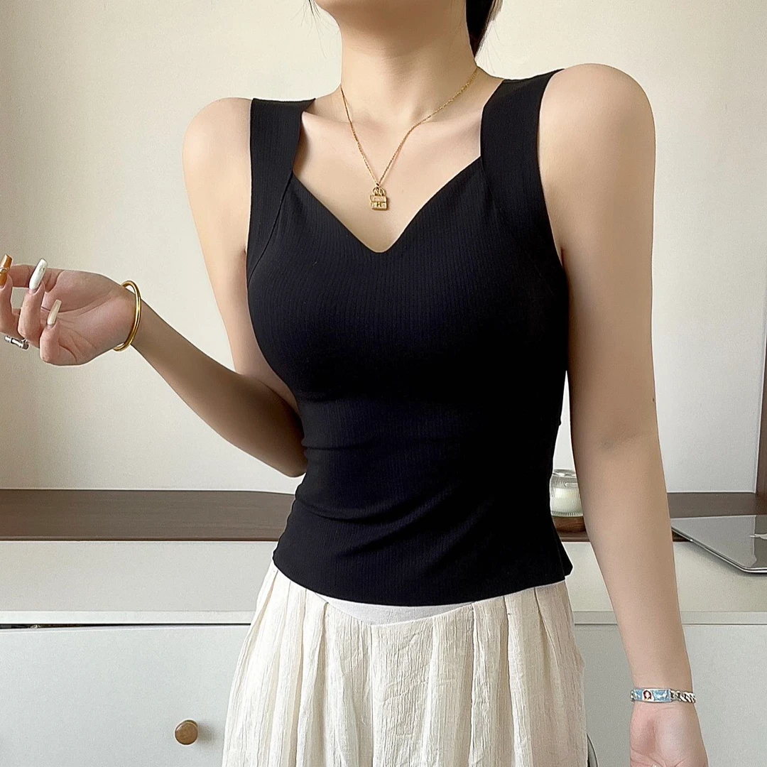 海鸥领外穿打底背心女带胸垫修身百搭免穿文胸内衣抹胸显瘦无袖女