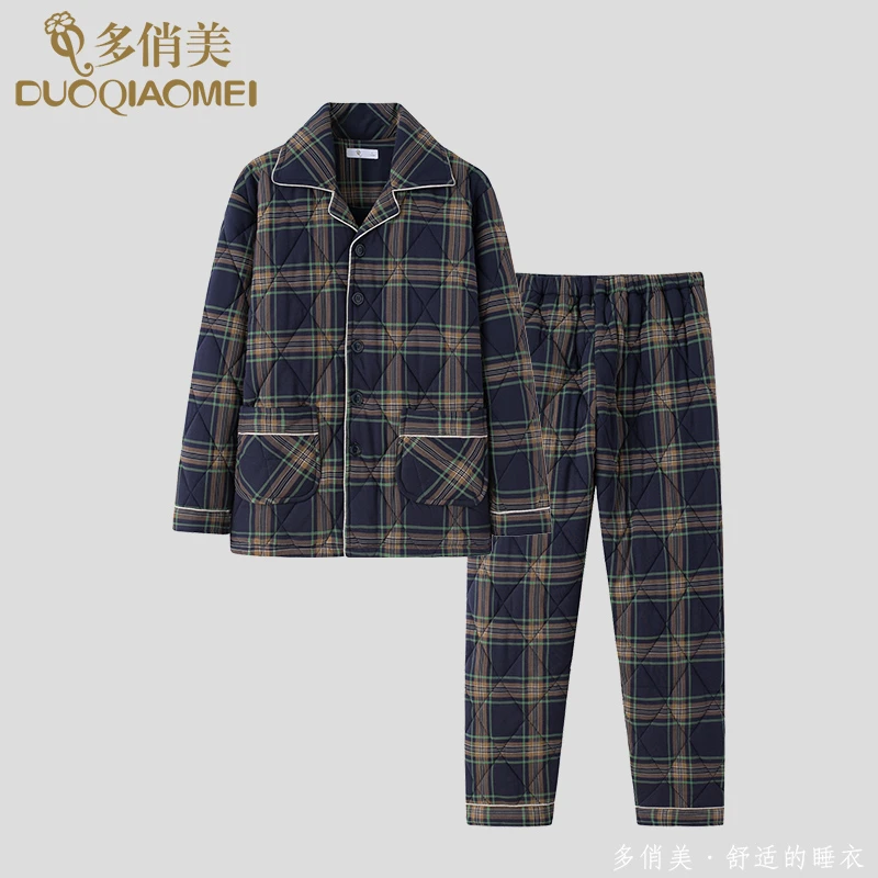 男士睡衣秋冬款纯棉夹棉服格子2025年新款青年中年爸爸家居服套装